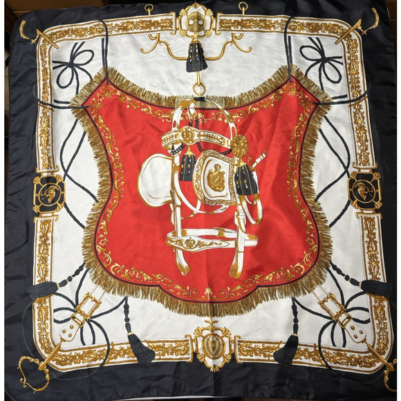 Vintage Square Scarf Equestrian Red Gold Medallions BOHO Renaissance Royalcore - Picture 1 of 5